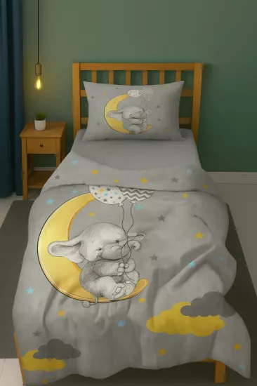 Sevimli Balon Tutan Fil Desenli Tek Kişilik Bebek Çocuk Nevresim Takımı