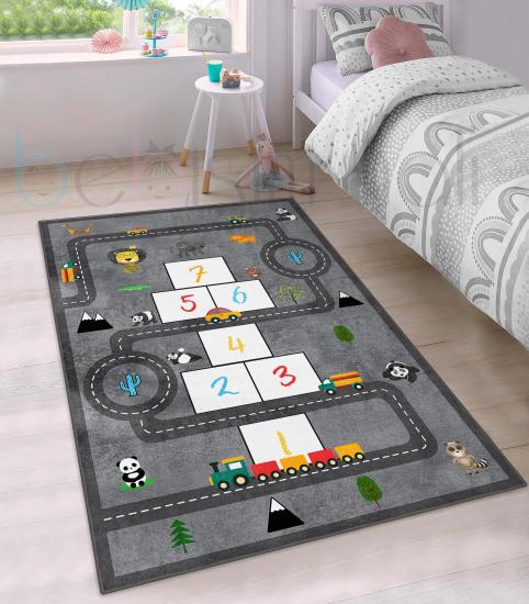Eğitici Seksek Hayvanlar Yol Araba Desenli Çocuk Odası Halısı