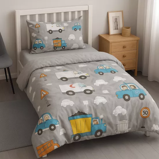 Arabalar Desenli Tek Kişilik Bebek Çocuk Nevresim Takımı