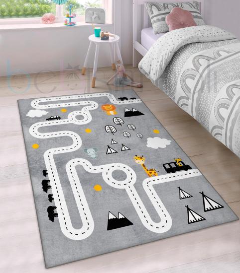 Eğitici Yol Araba Şehir Hayvanlar Desenli Çocuk Odası Halısı