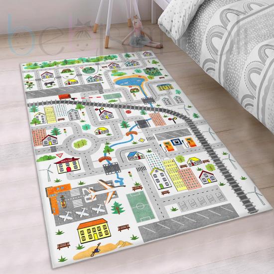 Eğitici Yol Araba Şehir Hayvanlar Desenli Çocuk Odası Halısı