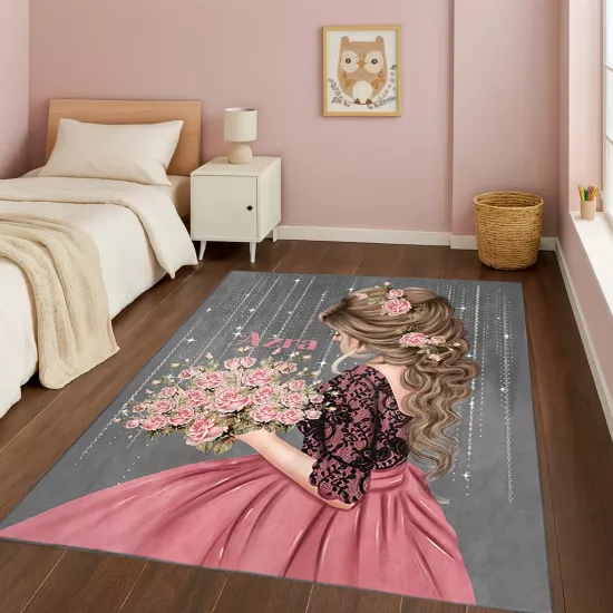 Pembe Çiçekli Kız Bambu Çocuk Odası Halısı