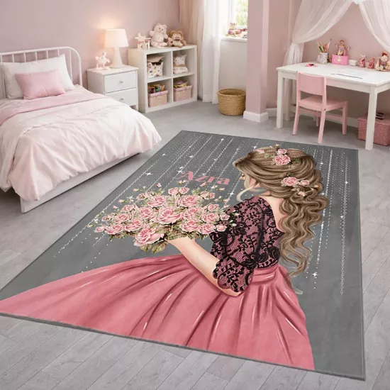 Pembe Çiçekli Kız Bambu Çocuk Odası Halısı