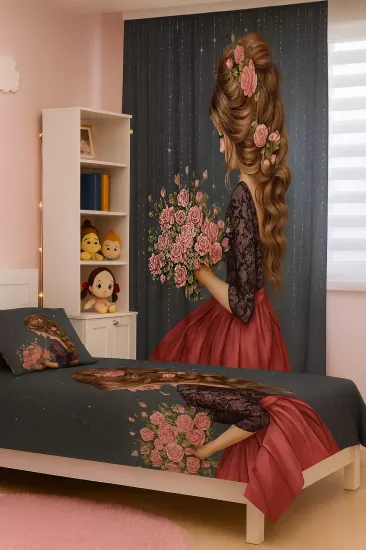Çiçekli Prenses Kız Çift Kanat Çocuk Odası Fon Perde