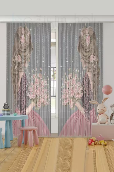 Çiçekli Prenses Kız Çift Kanatlı Çocuk Odası Tül Perde