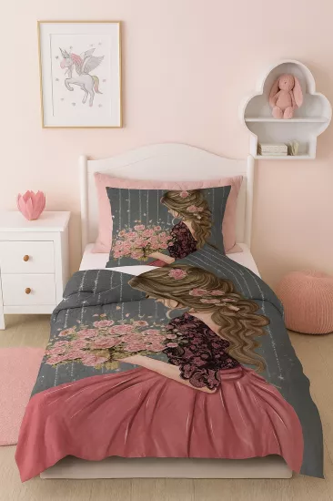 Çiçekli Prenses KızPike&Yatak Örtüsü(Yastık Kılıflı)