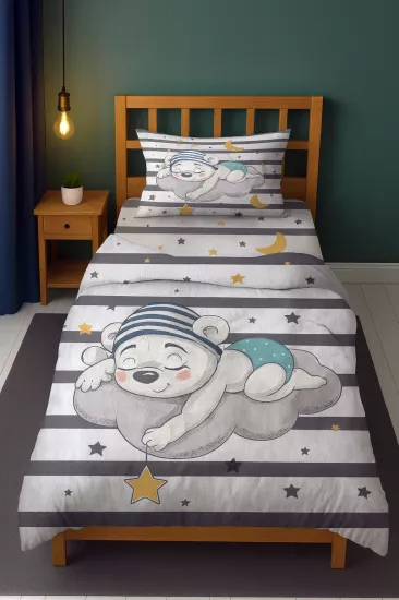 Sevimli Uyuyan Ayıcık Desenli Tek Kişilik Bebek Çocuk Nevresim Takımı