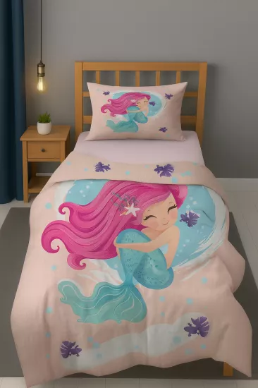 Sevimli Deniz Kızı Desenli Tek Kişilik Bebek Çocuk Nevresim Takımı