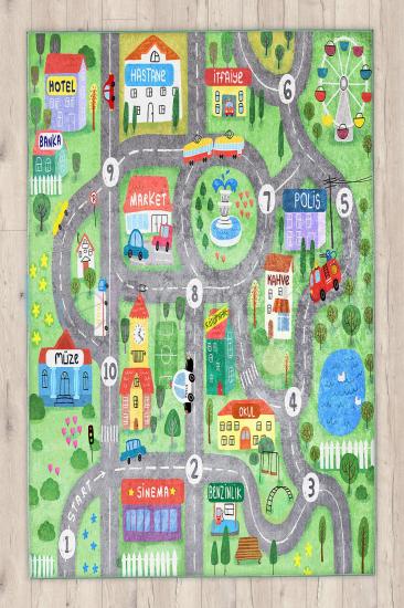 Eğitici Yol Araba Şehir Kafe Hastane Müze İstasyon Dondurmacı Desenli Çocuk Odası Halısı