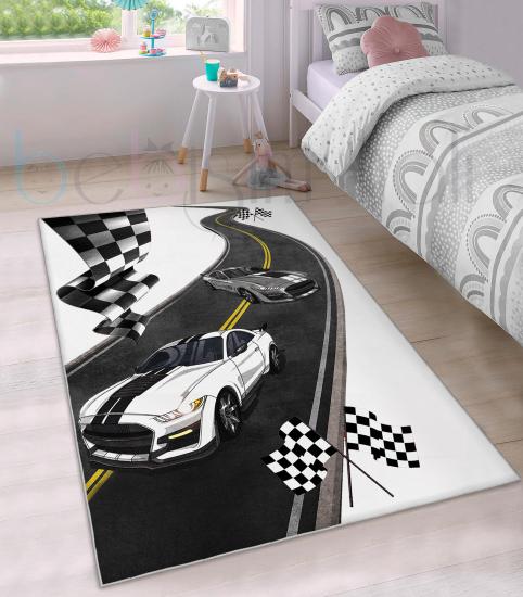 Eğitici Yol Yarış Araba Desenli Çocuk Odası Halısı