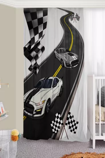 Araba Desenli Çift Kanatlı Çocuk Odası Fon Perde
