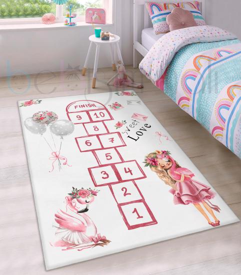 Eğitici Seksek Prenses Peri Flamingo Desenli Çocuk Odası Halısı