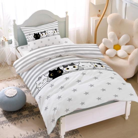 Sevimli Kediler Kardeş İkiz Kedicik Yıldızlar Desenli Tek Kişilik Bebek Çocuk Nevresim Takımı