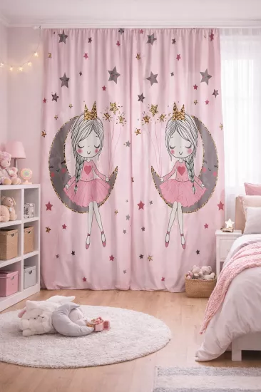 Prenses Kız Çift Kanatlı Çocuk Odası Fon Perde