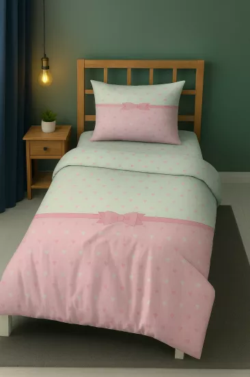 Pembe Kalp Puantiye Kurdale Desenli Tek Kişilik Bebek Çocuk Nevresim Takımı