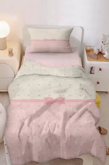 Pembe Kalp Puantiye Kurdale Desenli Tek Kişilik Bebek Çocuk Nevresim Takımı