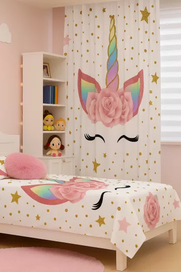Sevimli Unicorn Çift Kanat Çocuk Odası Fon Perde