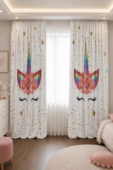 Sevimli Unicorn Çift Kanat Çocuk Odası Fon Perde