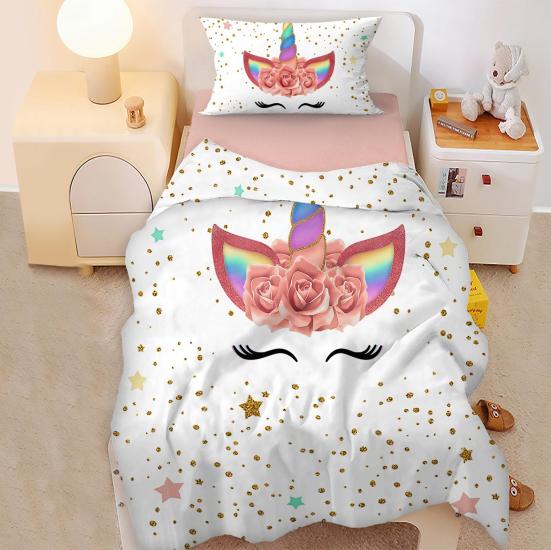 Sevimli Unicorn Altın Yaldız Ve Puantiye Tek Kişilik Bebek Çocuk Nevresim Takımı
