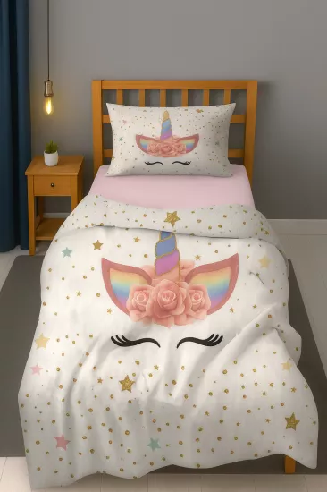 Sevimli Unicorn Altın Yaldız Ve Puantiye Tek Kişilik Bebek Çocuk Nevresim Takımı