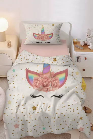 Sevimli Unicorn Altın Yaldız Ve Puantiye Tek Kişilik Bebek Çocuk Nevresim Takımı