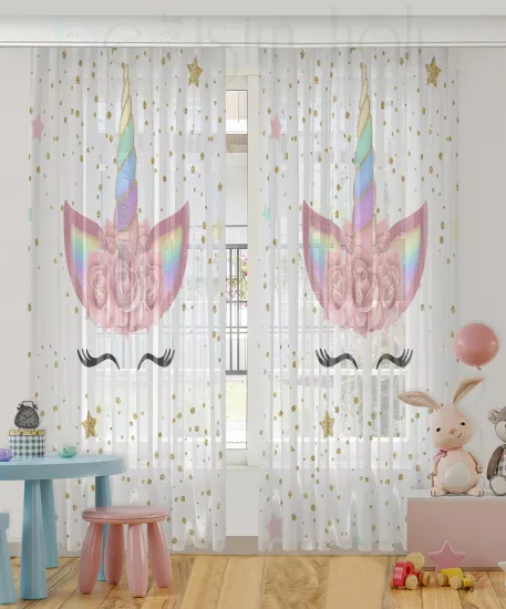 Sevimli Unicorn Çift Kanatlı Çocuk Odası Tül Perde