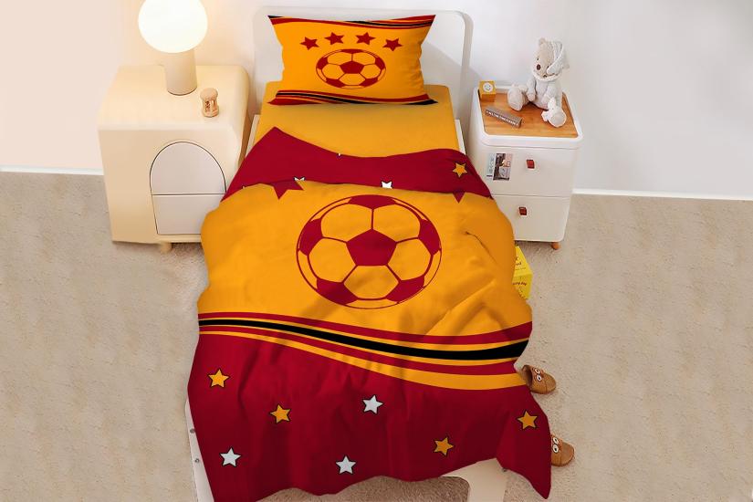 Taraftar  Sarı Kırmızı  Yıldız Top Desenli Tek Kişilik Bebek Çocuk Nevresim Takımı