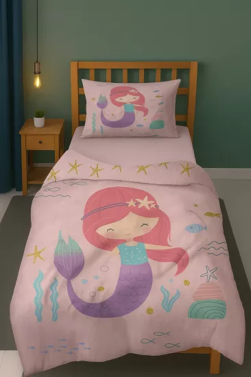 Sevimli Deniz Kızı Desenli Tek Kişilik Bebek Çocuk Nevresim Takımı