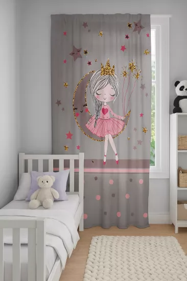 Sevimli Prensesli Çift Kanat Çocuk Odası Fon Perde