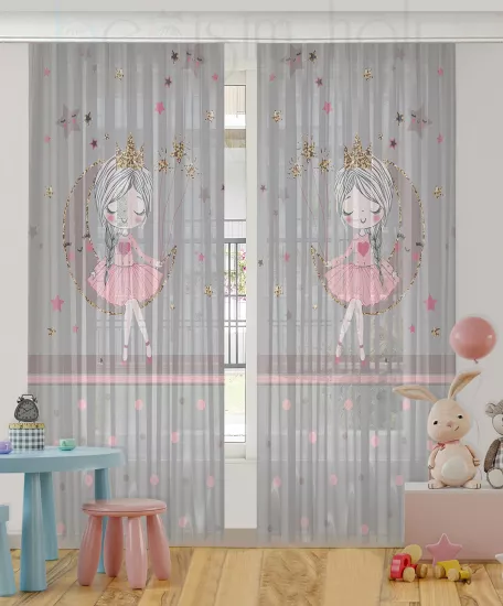 Sevimli Prensesli Çift Kanatlı Çocuk Odası Tül Perde