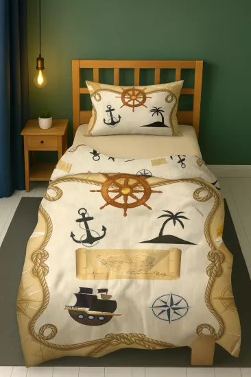 Denizci Korsan Harita Çapa Dümen Desenli Tek Kişilik Bebek Çocuk Nevresim Takımı