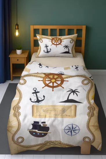 Denizci Korsan Harita Çapa Dümen Desenli Tek Kişilik Bebek Çocuk Nevresim Takımı