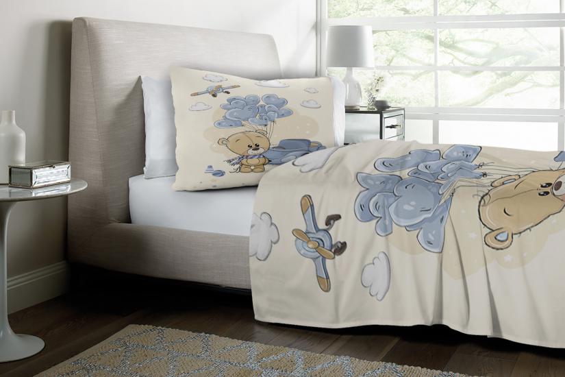 Sevimli Ayıcık Araba Ve Uçan Balonlar Tek Kişilik Nevresim Takımı