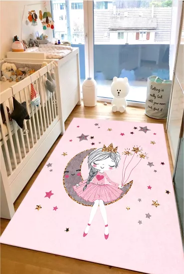 Pembe Zeminli Pırıltı Prenses Çocuk Odası Halısı