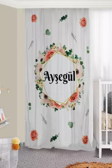 Kişiye Özel Çiçekli İsimli Çift Kanatlı Fon Perde