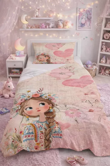 Çiçekli Kız Tek Kişilik Pike Takımı 