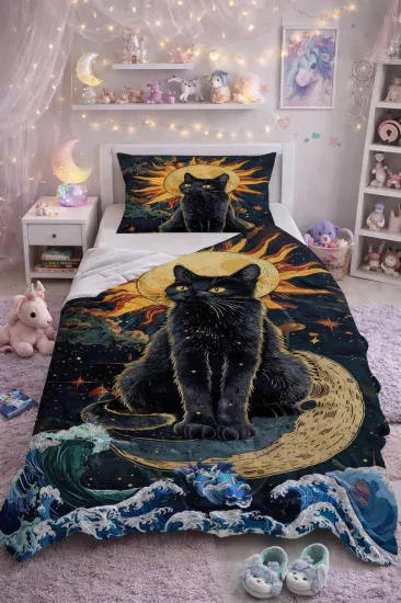 Siyah Kedi Tek Kişilik Pike Takımı 