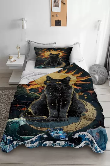 Siyah Kedi Tek Kişilik Pike Takımı 