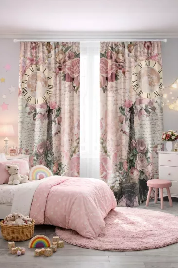 Eyfel Kulesi Çiçekli Çift Kanatlı Fon Perde