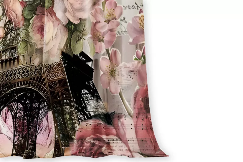 Eyfel Kulesi Çiçekli Çift Kanatlı Fon Perde