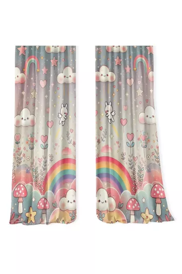 Gökkuşağı Bulut Tavşan Çift Kanatlı Fon Perde