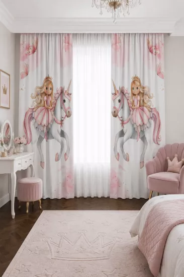 Unicorn Prenses Desenli Çift Kanatlı Fon Perde