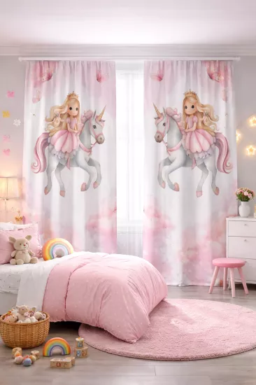 Unicorn Prenses Desenli Çift Kanatlı Fon Perde