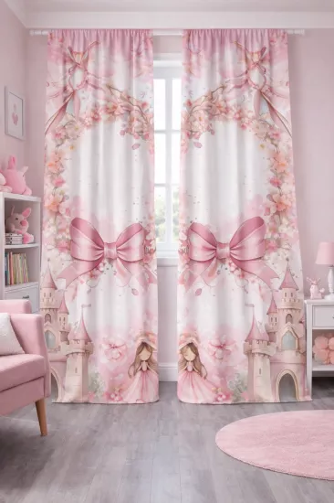 Şato Fiyonk Prenses Desenli Çift Kanatlı Fon Perde