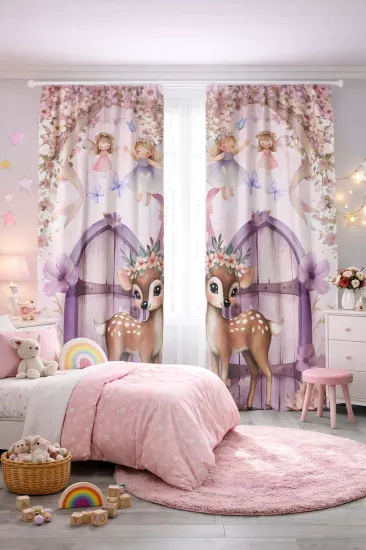 Sevimli Geyik Desenli Çift Kanatlı Fon Perde