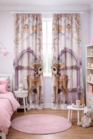 Sevimli Geyik Desenli Çift Kanatlı Fon Perde