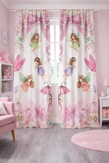 Peri Kızı Kelebek Çiçekli Çift Kanatlı Fon Perde