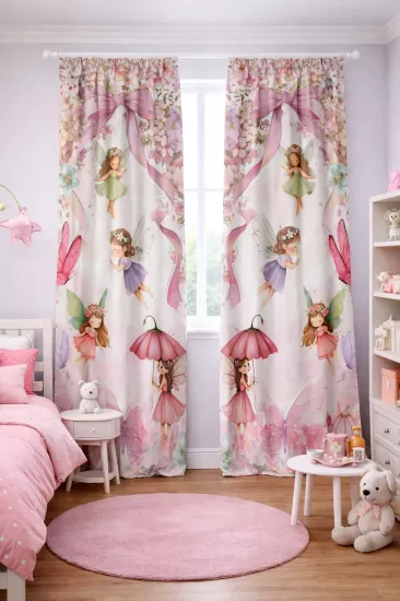 Peri Kızı Kelebek Çiçekli Çift Kanatlı Fon Perde