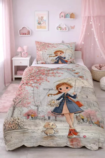 Şemsiyeli Kız Tek Kişilik Pike Takımı