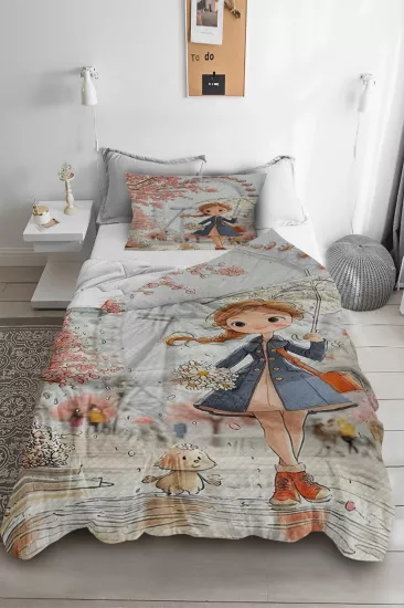 Şemsiyeli Kız Tek Kişilik Pike Takımı